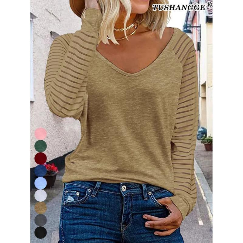 Fashion See-through Striped Long Sleeve T-Shirt Female Autumn Loose V Neck Pullover Tops Women Solid Color Casual Commuter Tees