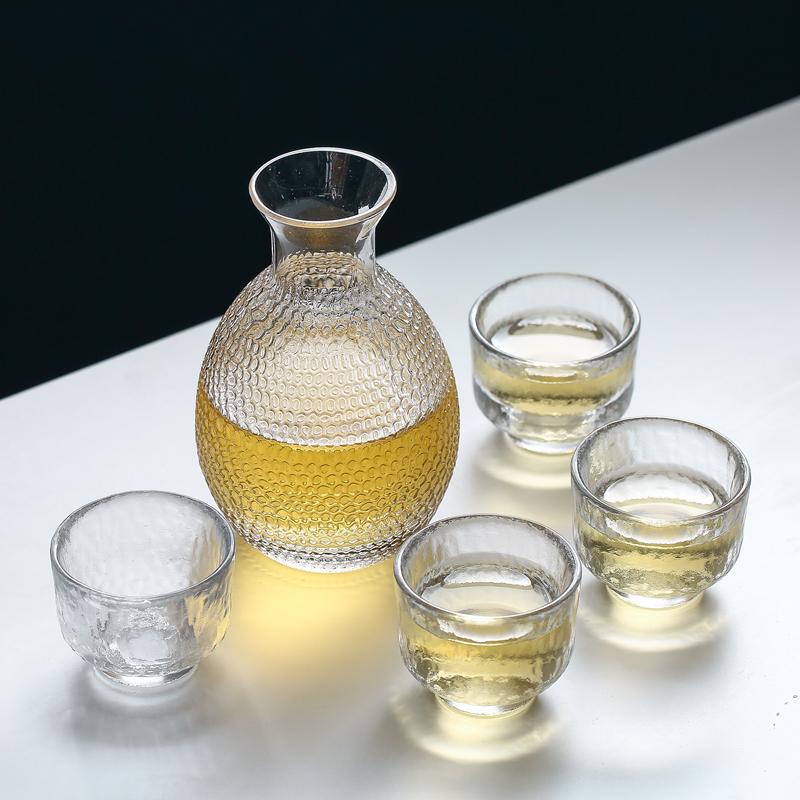 Japanese Sake Jug Set Glass Wine Set Household White Wine Cup Hammer Pattern Cup Yellow Wine Warmer Hot Wine Jug Wine Dispenser