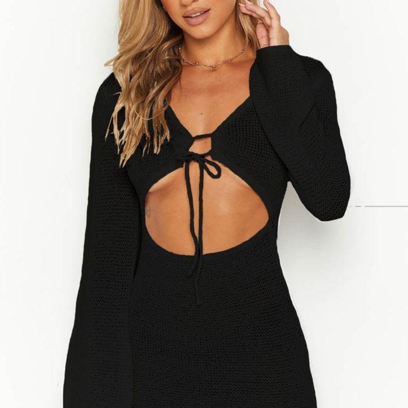 

Elegant Women s Clothing 2024 New V-neck Long Sleeves Shoelace Hollow High Waist Slimming Knitted Sheath Sexy Dress Black L