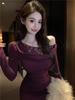 Lace Patchwork Off-Shoulder Long Sleeve Dress for Women Slim Fit Pure Temptation Bodycon Mini Skirt Purple Waist Cinched Tight Dress