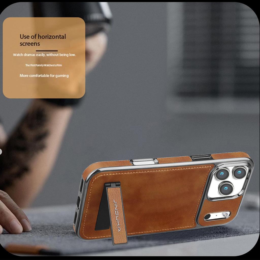 Electroplated Leather Phone Case For iPhone 17 Pro Max 17Air 16 15 Plus 14 Pro 13 12 11 Invisible Bracket Lens Protective Cover