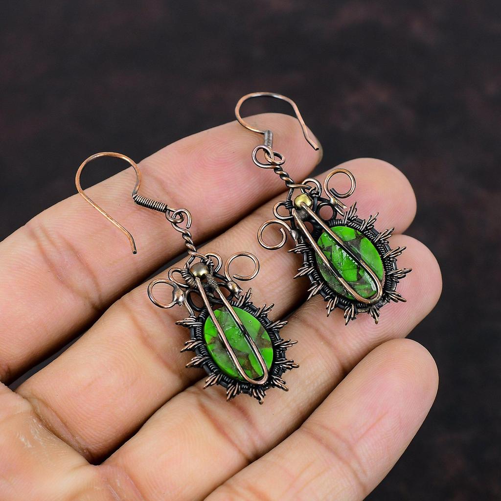 Copper Green Turquoise Earring Copper Wire Wrapped Earrings Beautiful Gemstone Jewelry Handmade Earring Anniversary Gift Copper Wire Jewelry