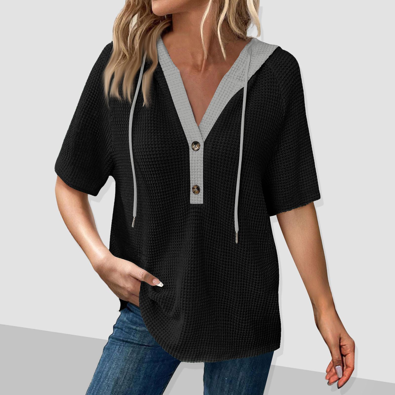 

Женская модная цветная трикотажная толстовка с капюшоном на шнурке с коротким рукавом и V-образным вырезом с капюшоном XXXL чёрный