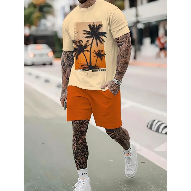 Men's Fashionable Two-piece Round Neck Short-sleeved Shorts Set, Summer Casual and Comfortable Sportswear for Men