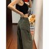 Women's Low Waist Military Green Cargo Flare Jeans - Autumn Collection, Wide-Leg, Loose Fit, Slimming, Floor-Length.