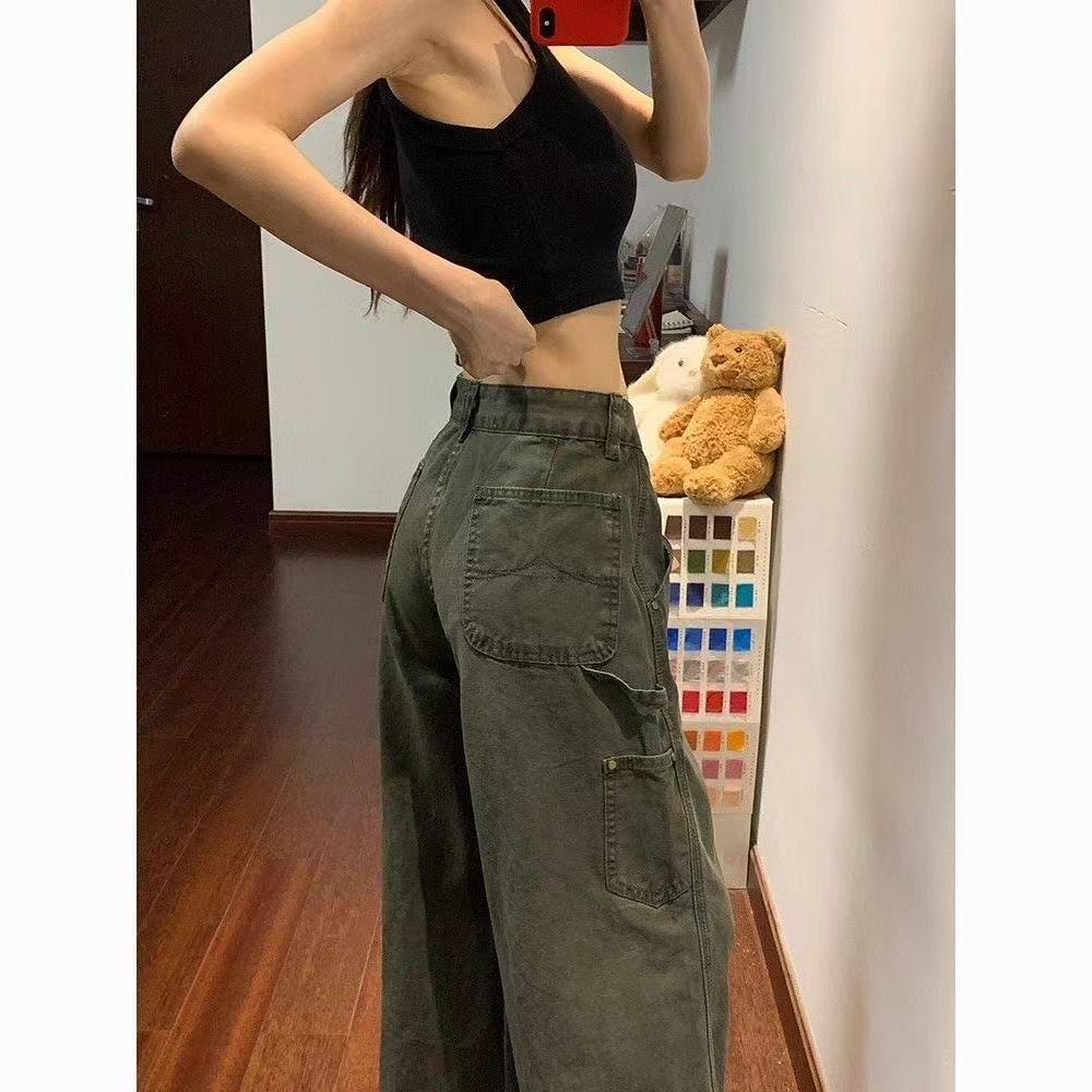 Damen Low Waist Militärgrün Cargo Schlagjeans - Herbstkollektion, Weitbein, Lockere Passform, Schlankmachend, Bodenlang.