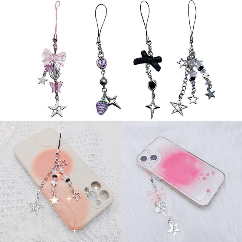 4Pcs Cute Bowknot Star Pendant Phone Charm Y2K Phone Chain Strap Sweet Bag Decoration Lanyards Keychain Accessories