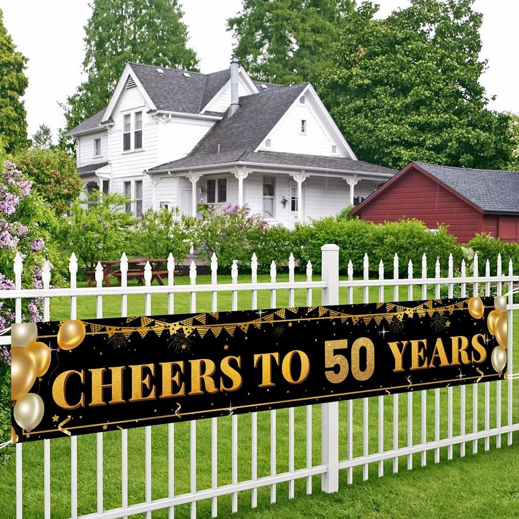 50th Birthday Decorations for Women & Men - Black Gold 118"x20" Extra Large "Cheers to 50 Years" Banner, Over The Hill Party Decor Indoor Outdoor, 50