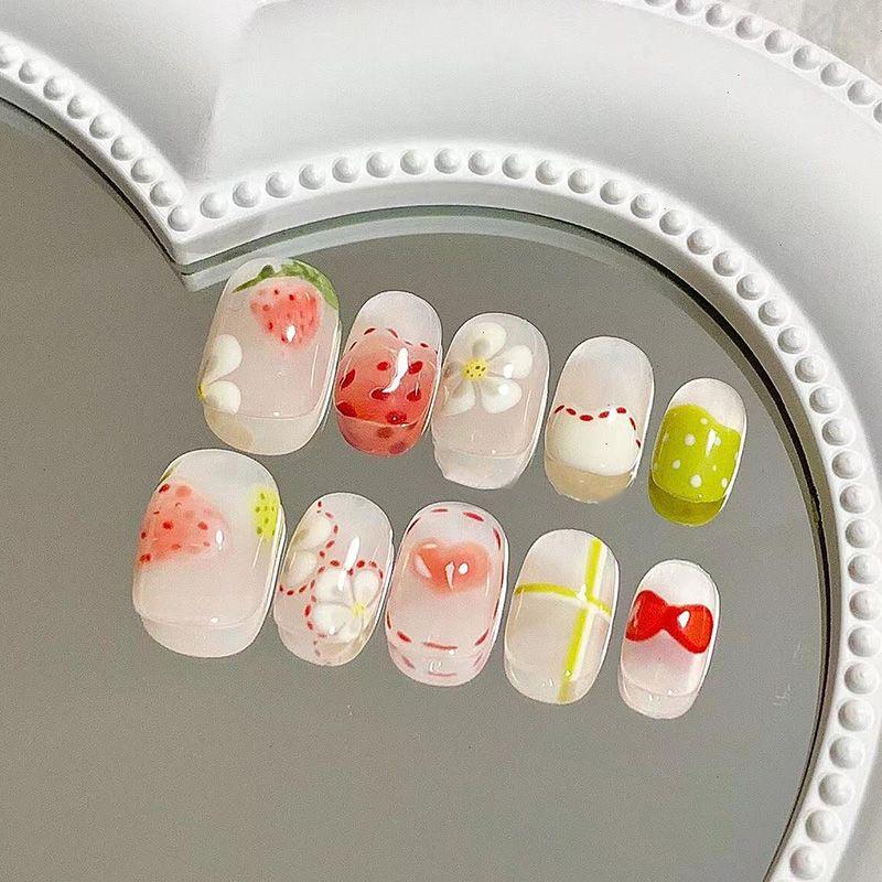 Sweet Girl Pink Strawberry Press-On Nails: Hand-Painted Spring/Summer Short Nail Art Patches.