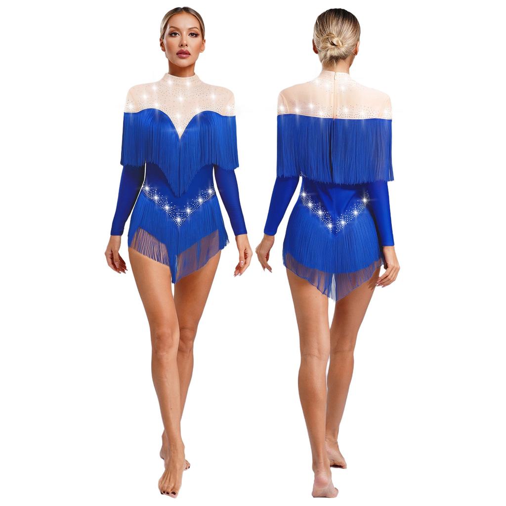 Stage Dance Bodysuit for Women - Latin Style with Tassels, Shiny Rhinestones & Sheer Mesh Long Sleeve Design