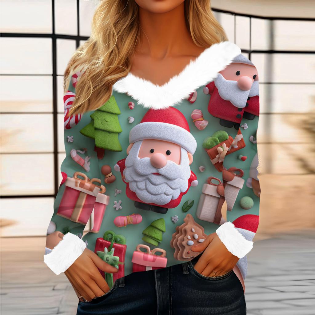 Women's Casual Fashion Long Sleeve Christmas Printed Flannel Collar Top
