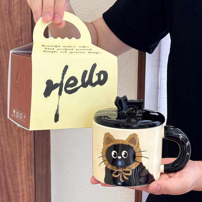 Ceramic Cat Mug with Lid - Cute Office Cup, Couple Gift, Souvenir Boxed, Birthday Present
