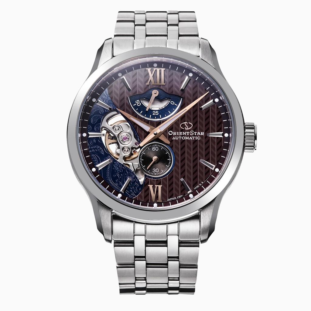 [Orient Star] Men's Japanese Automatic Watch, Layered Skeleton Design, Open Heart, Brown, Model RK-AV0B02Y