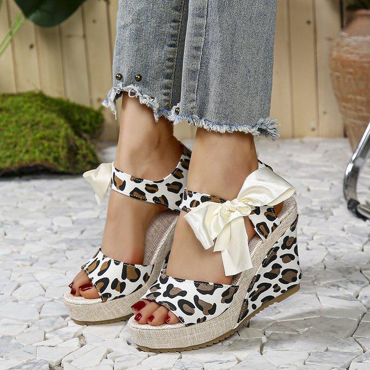 Large Size Leopard Print Wedge Sandals Summer New European and American Bow Round Head Height Increase Women's Shoes