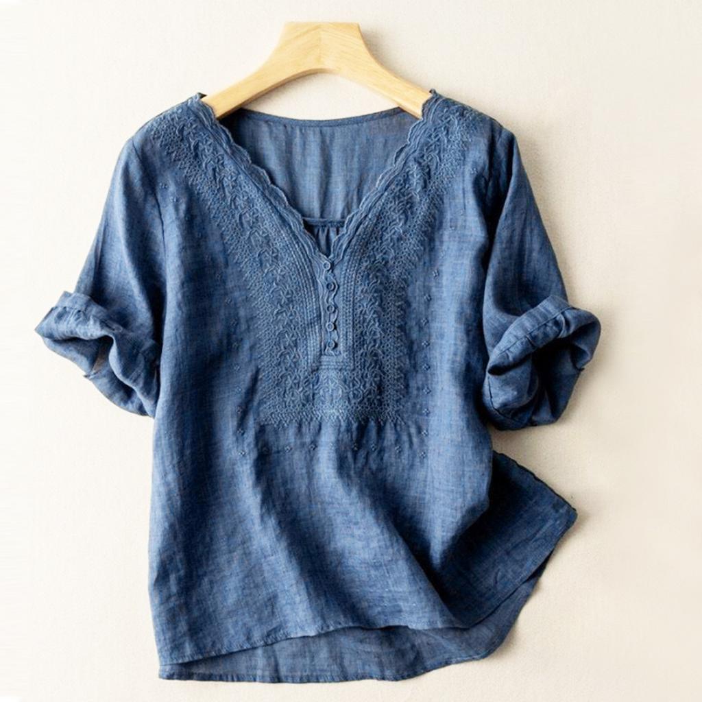 Women's Solid Color Cotton And Linen Short-sleeved Embroidered Retro Breathable T-shirt Round Neck Top