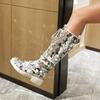 Fashion Women's New Round Head Lace up Sequin Thick Bottom Large and Calf High Barrel Mar Mid heeltin Boots
