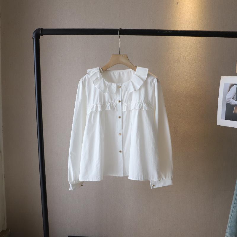 

[Би Чжэн] 2025 Ранняя весна Корейский стиль Свободная рубашка с длинным рукавом и рюшами для женщин One Size белый