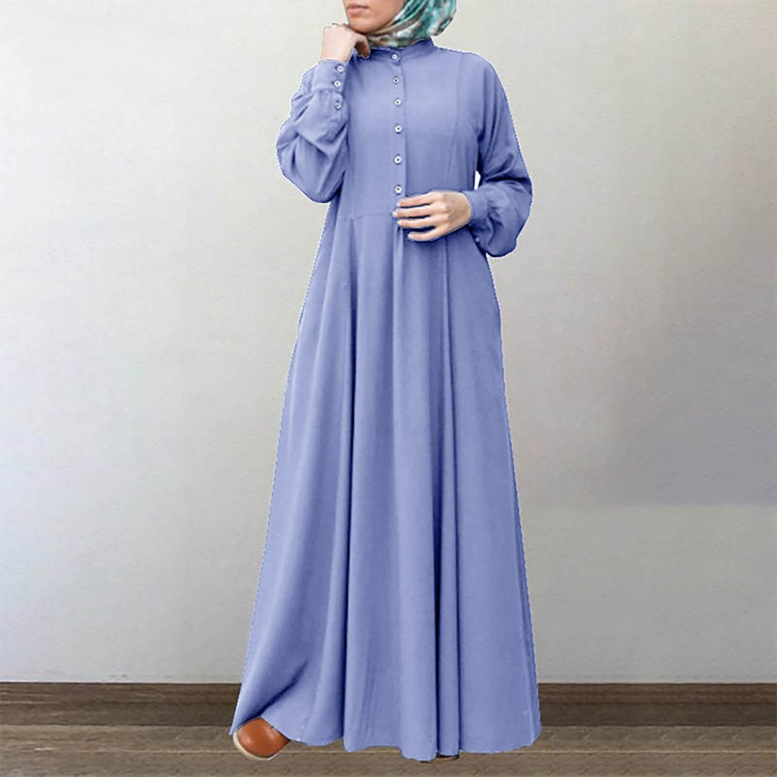 

Women s Long Sleeve Button Down Casual Outfits Color Round Neck Maxi Dresses S синій