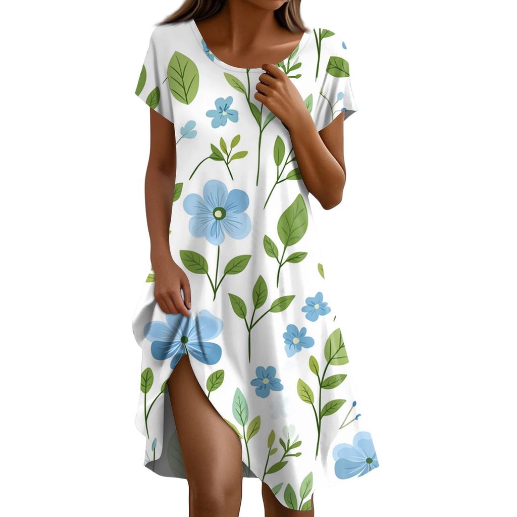 Short Sleeve Boho Dress For Women Casual Loose Fit Summer Sundress Floral Print Dress With Pockets