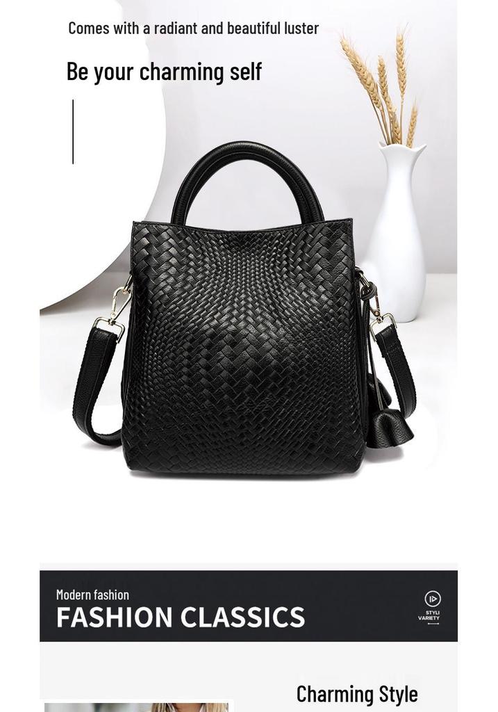 2026 Women's Genuine Cowhide Handbag - Large Capacity, New Woven Pattern Mother's Tote