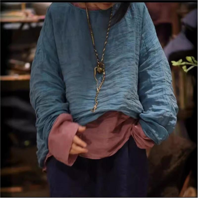 Johnature Fashion Vintage Solid Color Loose Casual T-Shirt Woman Spring Chinese Style O-Neck Long Sleeves T-Shirt