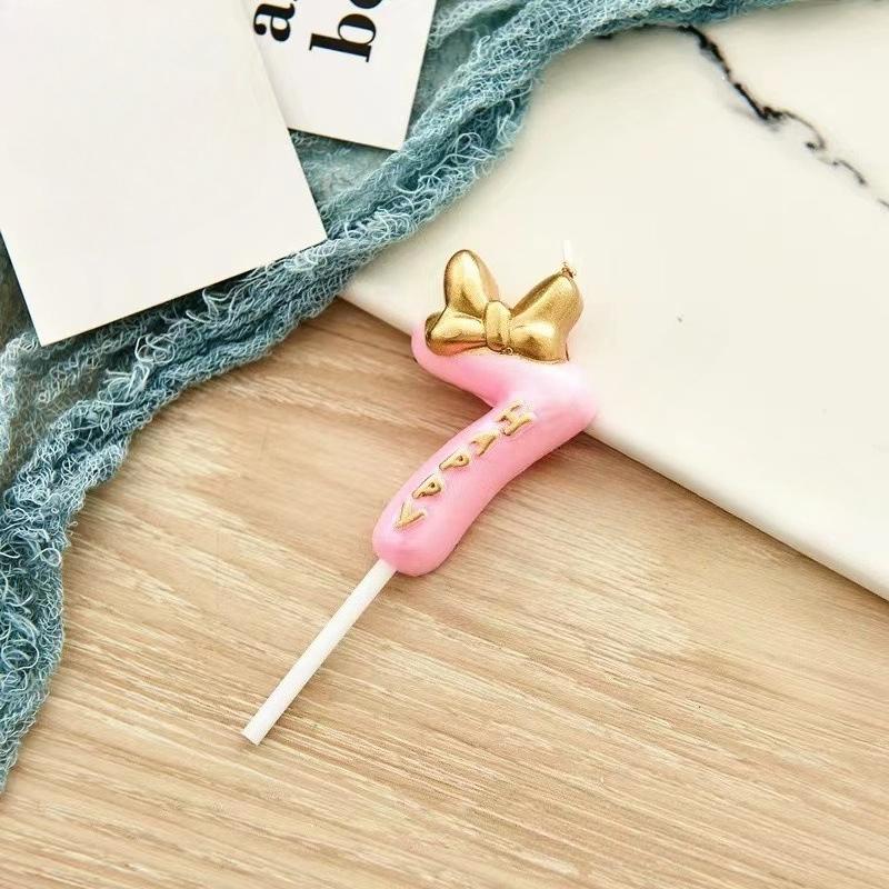 1pc Pink Numbered Birthday Candles Golden Bow Cake Decoration for Children boys Girls Teenage Birthday Baking Decoration Plugins