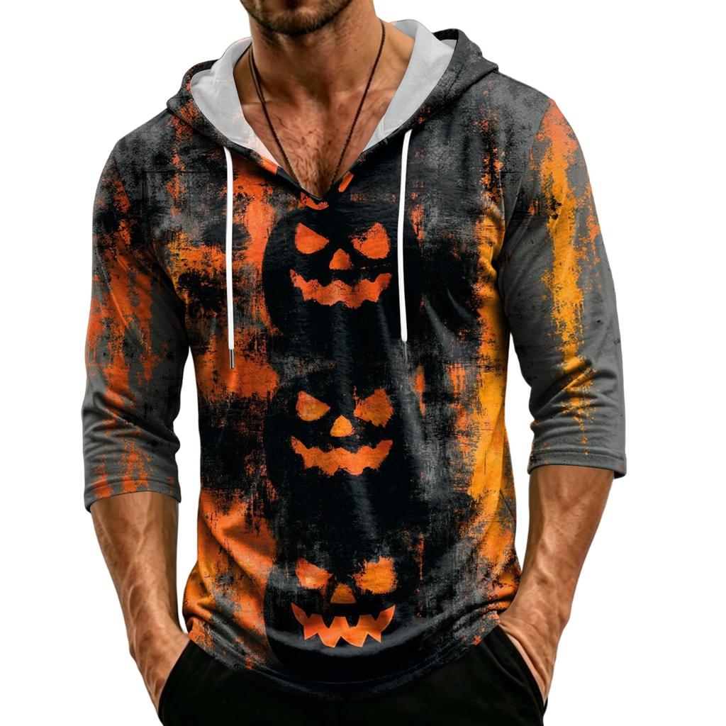 Men's Loose Fit Casual Hoodie Three Quarter Sleeve Pullover Halloween Themed Graphic Print Lightweight Top