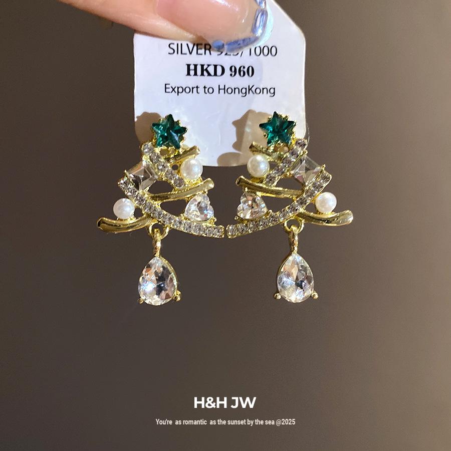 Silver Needle Christmas Tree Diamond Pearl Stud Earrings New Fashion Earrings Niche Design Christmas Earrings