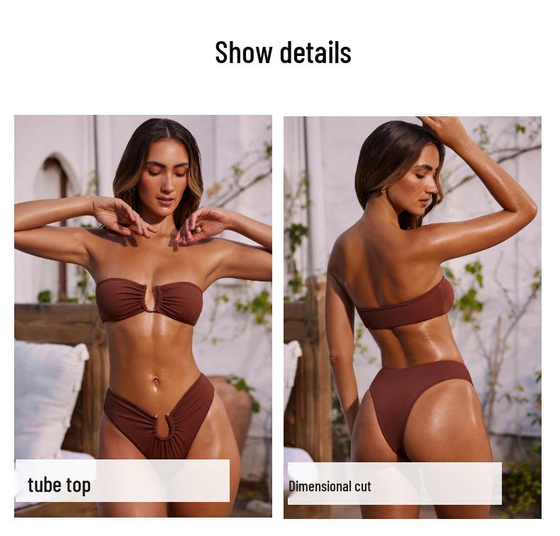 2025 Strapless U-Shaped Bikini with Solid Color and Jewelry Accents for Women