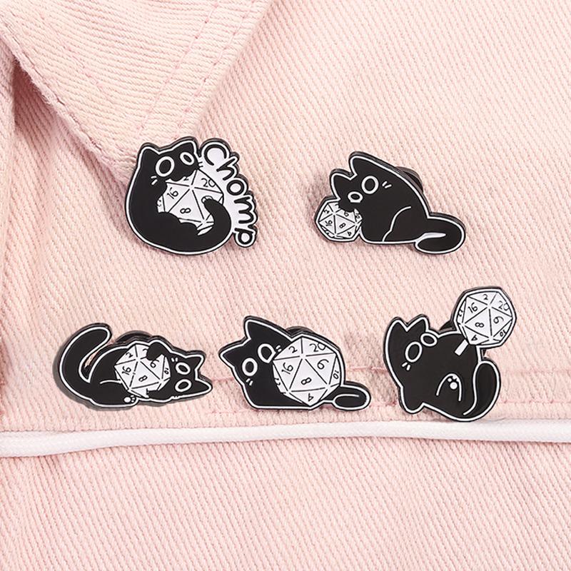 Cool RPG Game Dice Black Cats Enamel Pins Cartoon Big Eyes Kitten Animal Brooches Lapel Badge Fashion Jewelry Gifts For Friends
