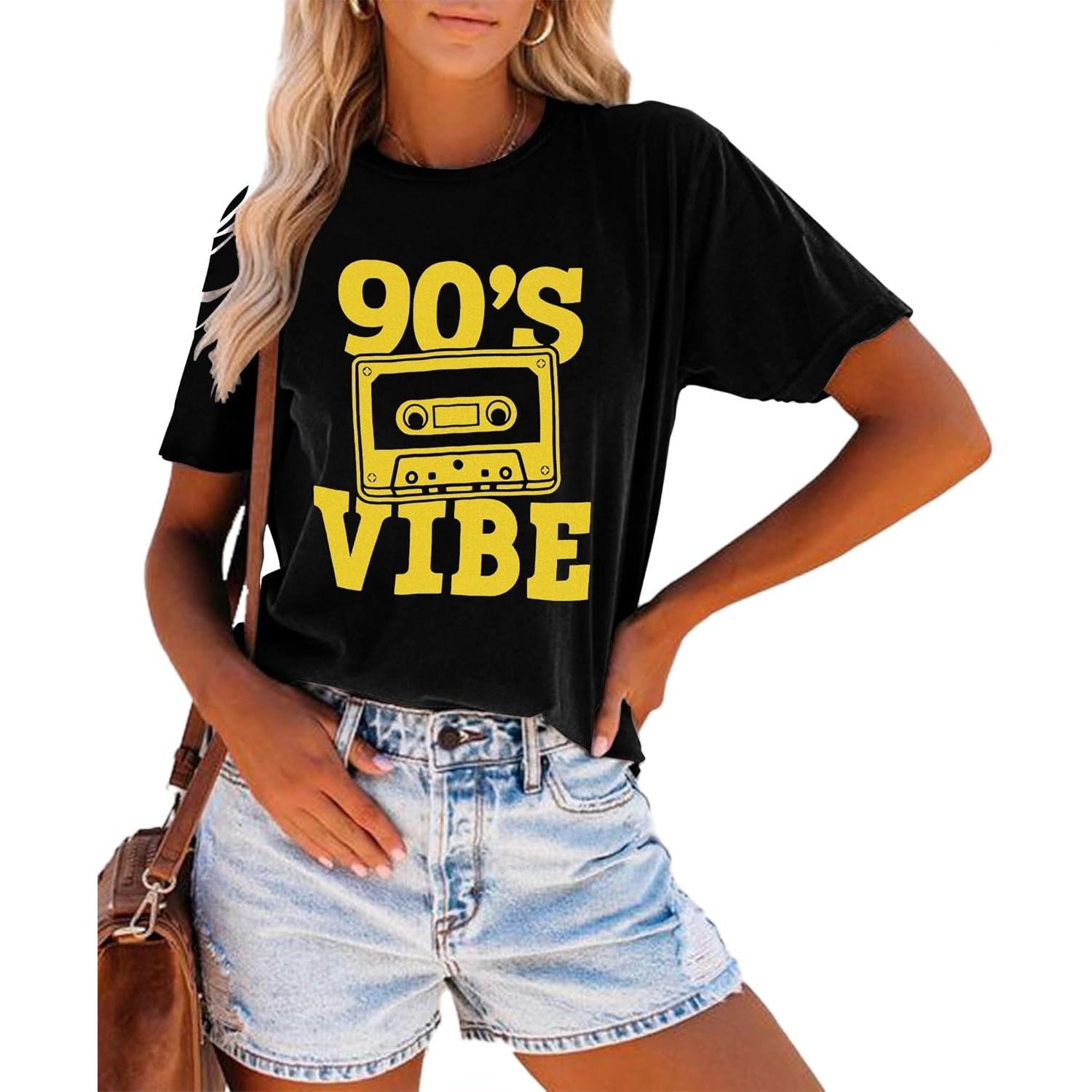 

90s Shirt for Women Back to The 90 s Shirt Vintage 1990s Theme Party Shirt Retro Casual Loose Tee Tops S чёрный