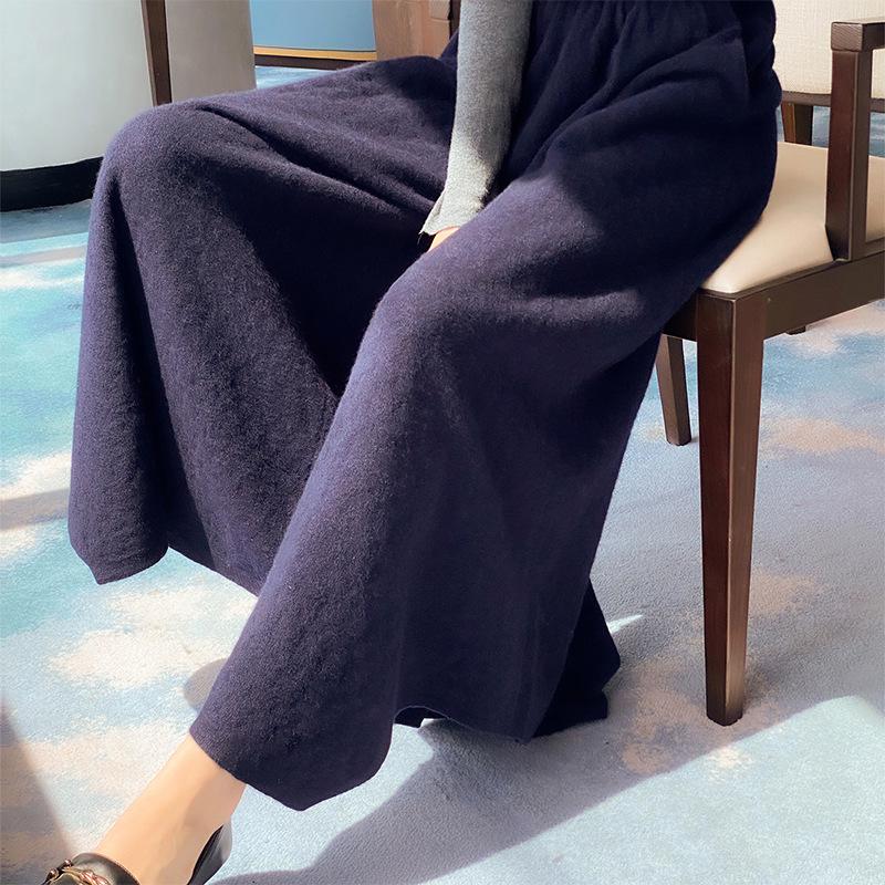 

Elegant High-Waisted Wool Skirt Pants - Women s Wide-Leg, Solid Color, Knitted Trousers for Autumn & Winter Large