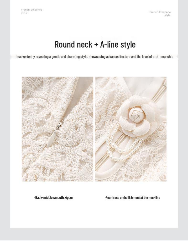 French Sequin Embroidered Lace Dress, Round Neck, Elegant Waist-Gathering, Summer Style for Women.