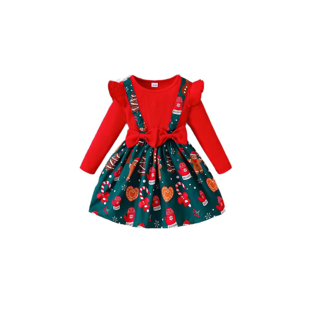 Children's Ribbed Long Sleeve Bow Christmas Dress for Girls