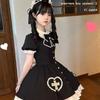 Dress Bow Elastic Lolita High One-piece 3-piece Set Short-sleeved Dress, Tie, Apron, Frills, Knee-length, Lace, Waist, Style, A-line, Waist, Cute,