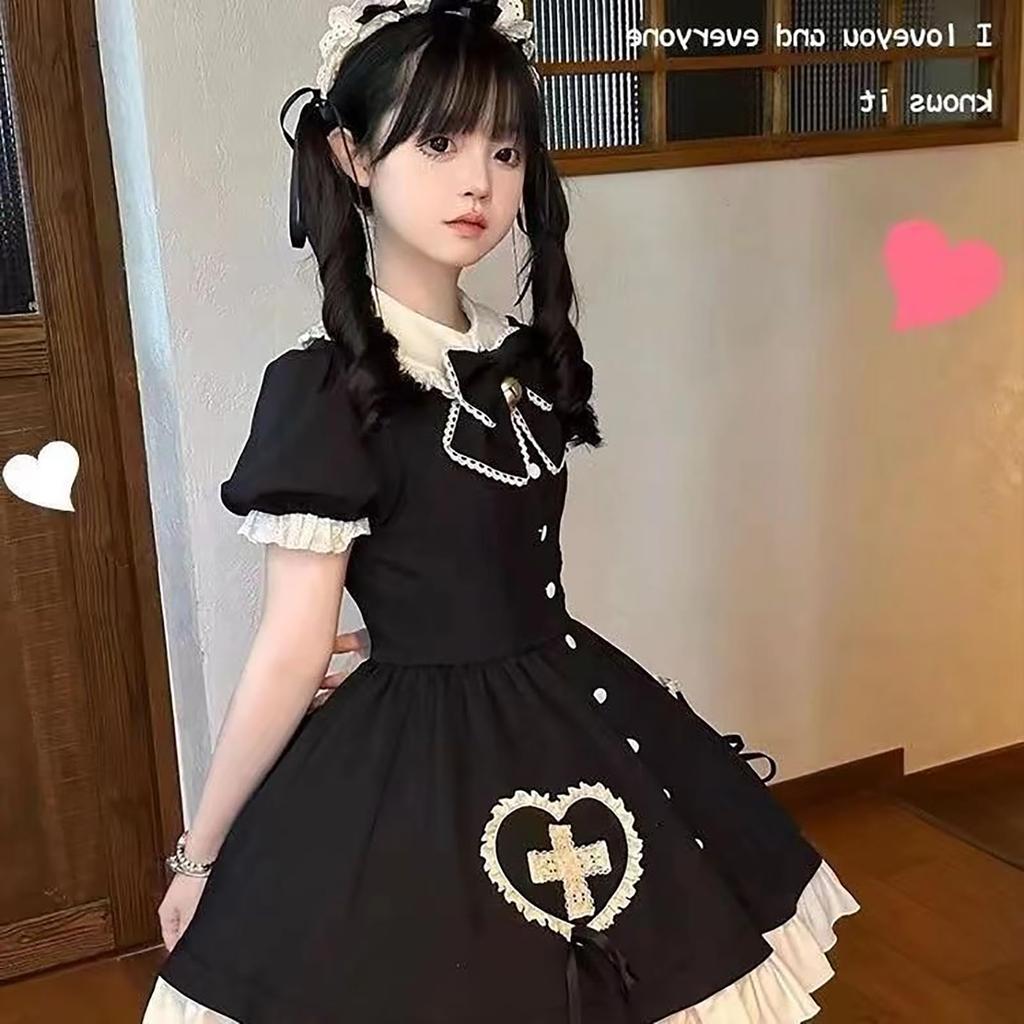 Dress Bow Elastic Lolita High One-piece 3-piece Set Short-sleeved Dress, Tie, Apron, Frills, Knee-length, Lace, Waist, Style, A-line, Waist, Cute,