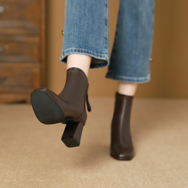 Spring and Autumn Fleece Single Boots Women's Thick Heel Boots Women's Boots High Heel Square Head Short Boots Martin Boots Rear Zipper Short Boots