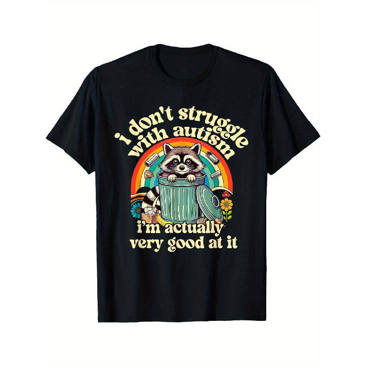 Men S Funny Autism Awareness T-Shirt - I Don t Struggle with Autism Raccoon Meme Graphic Tee - Soft Black Shirt with Colorful Autism Symbols - S чёрный