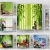 Cortina de Chuveiro Jardim Zen Verde Spa Bambu Pedra Preta Flor Branca Decoração de Banheiro Suprimentos Conjuntos de Cortinas de Banho Tecido de Poliéster