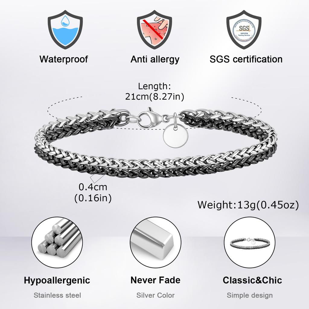 New Black Silver Color Men's Chain Bracelets,Stainless Steel Wheat Chain Wristband,Hip Hop Vintage Jewelry Gift for Him