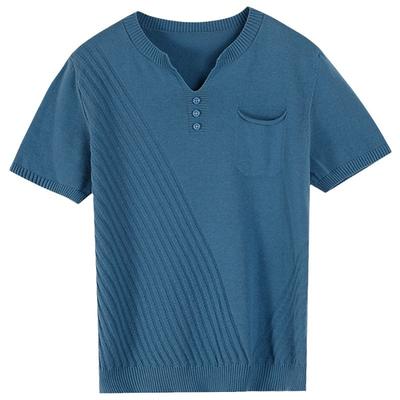 New Summer Pure Cotton Solid Color V-neck Knitted Short-sleeved Women's Loose Slim T-shirt Button Pullover Thin Top Wear