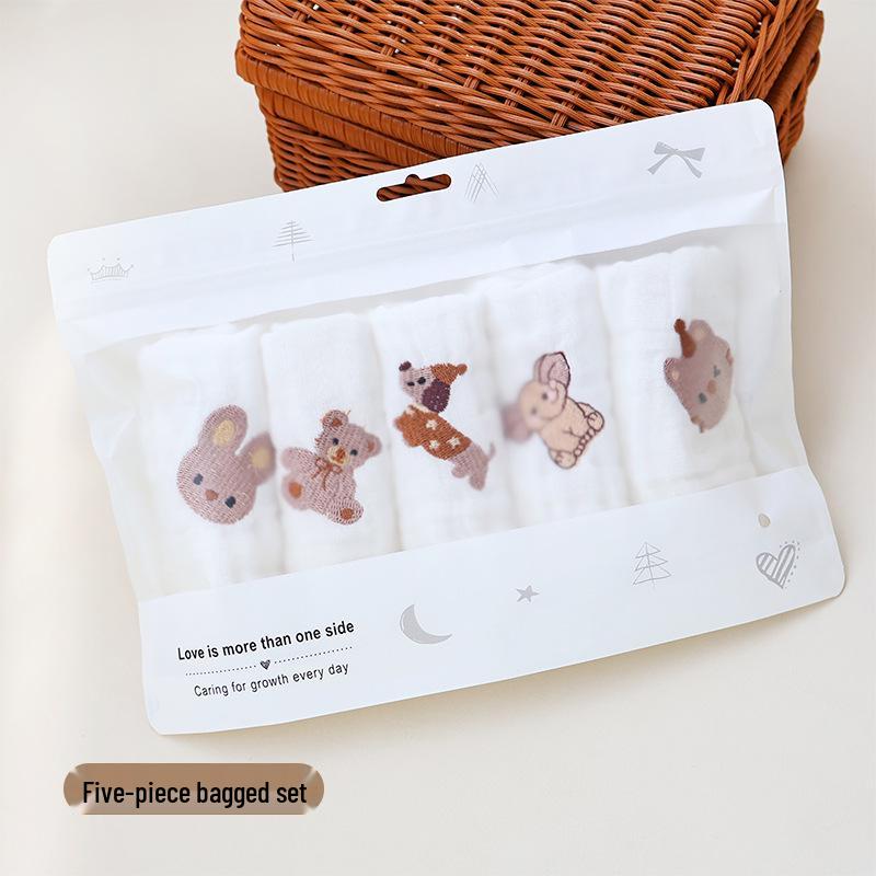 

Dual-Use Baby Bib & Washcloth: Six-Layer Embroidered Cotton Gauze Towel for Kids 25x25cm