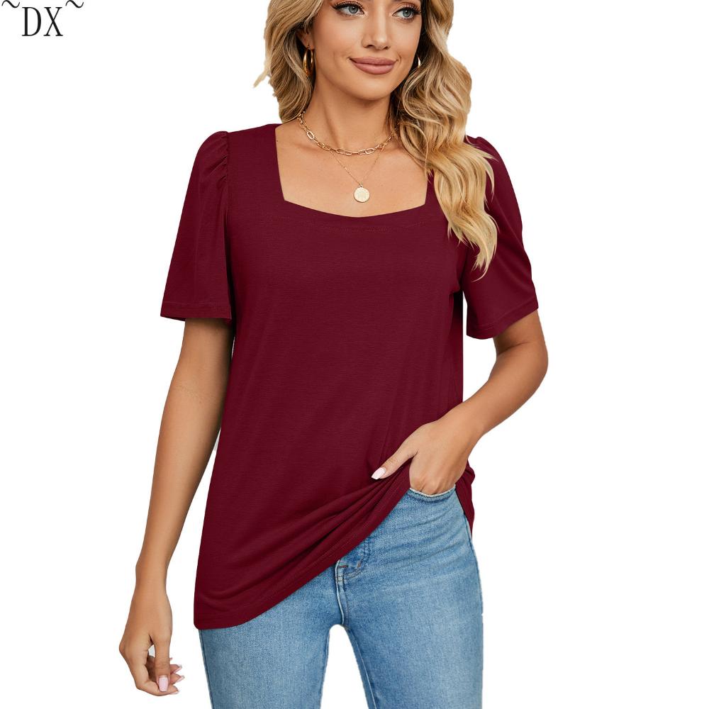 DX~~ Весенне-летняя новая однотонная свободная футболка с квадратным воротником — фото 28