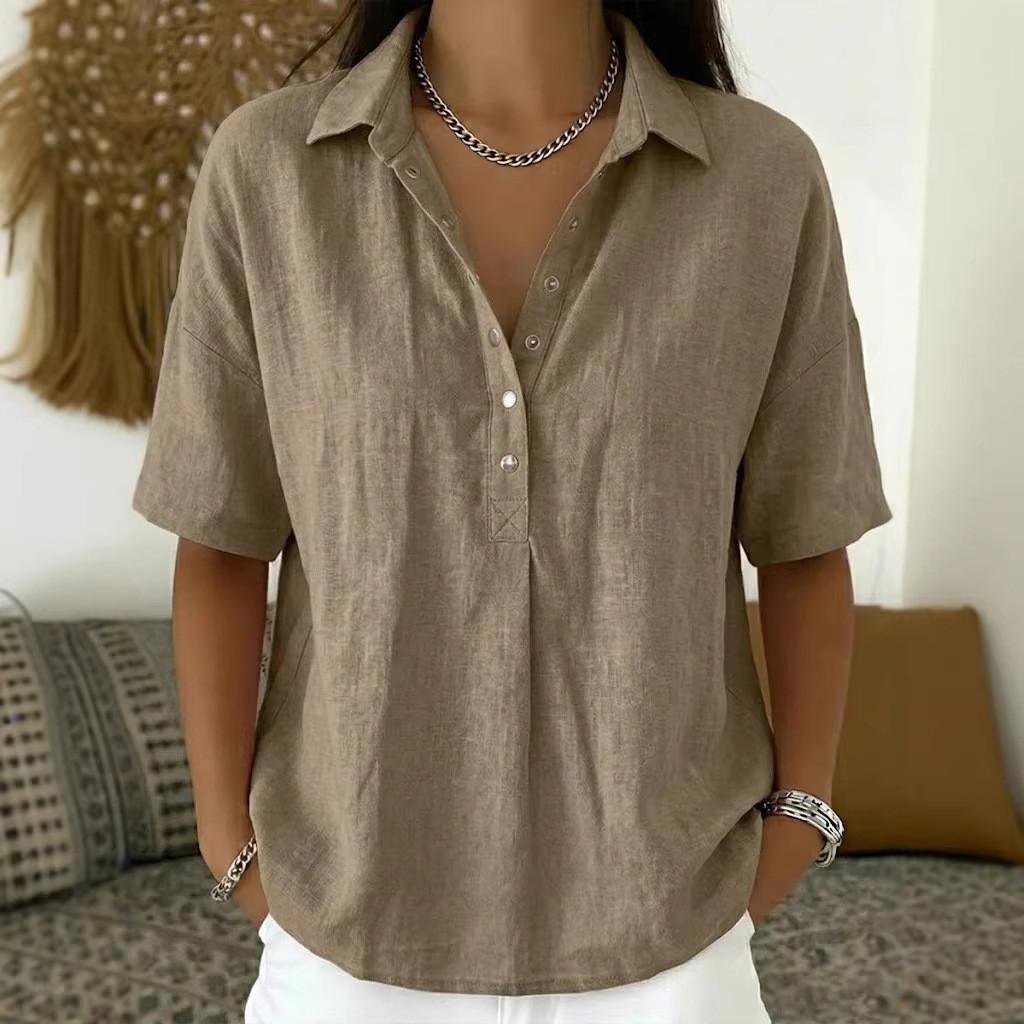 Casual Linen Shirt For Women With Turndown Collar And Short Sleeves For Summer Comfort