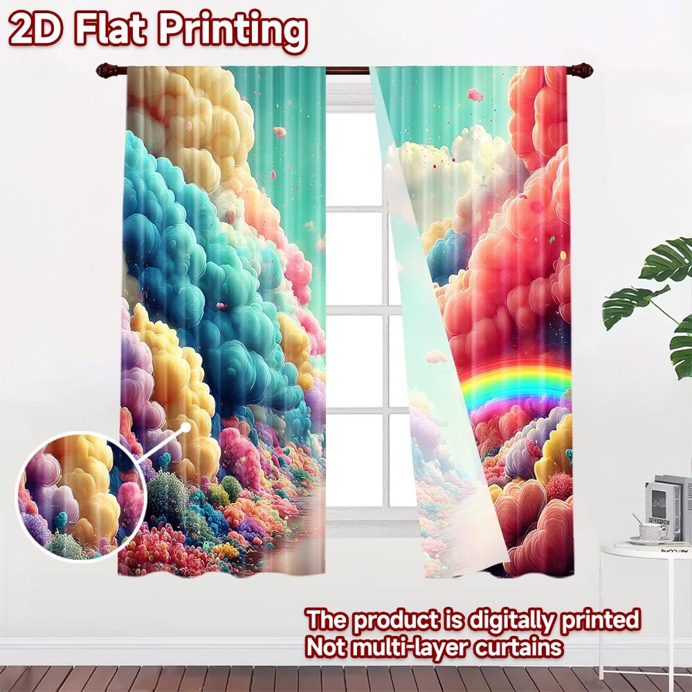 2D flat printing 2pcs Window Curtains Dreamy Rainbow Cloudscape Fantasy Digital Printed Polyester Drapes Birthday Party Use for