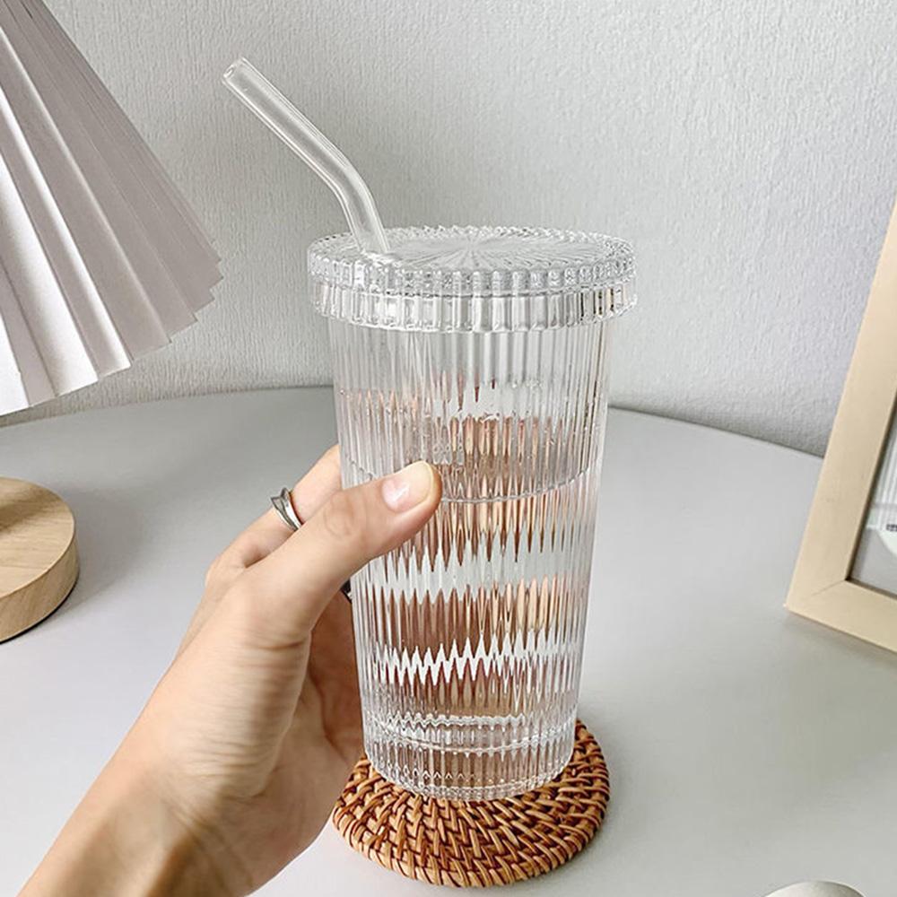 375Ml Stripe Glass Cup with Lid Straw Japanese Style Drinking Chic Mugs Milk Coffee Drinkware Tea Birthday Gifts Whiskey Glasses