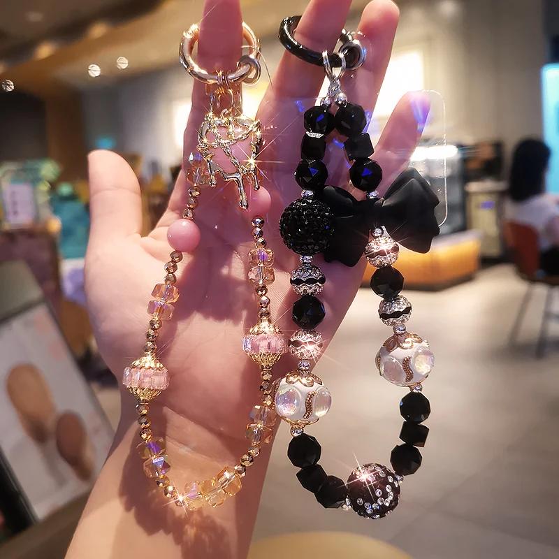 Mobile Phone Lanyard Wrist Ornament Gold Border Heart Pendant Crystal Bead Bracelet Universal Anti Loss Lanyard for Phone Cases