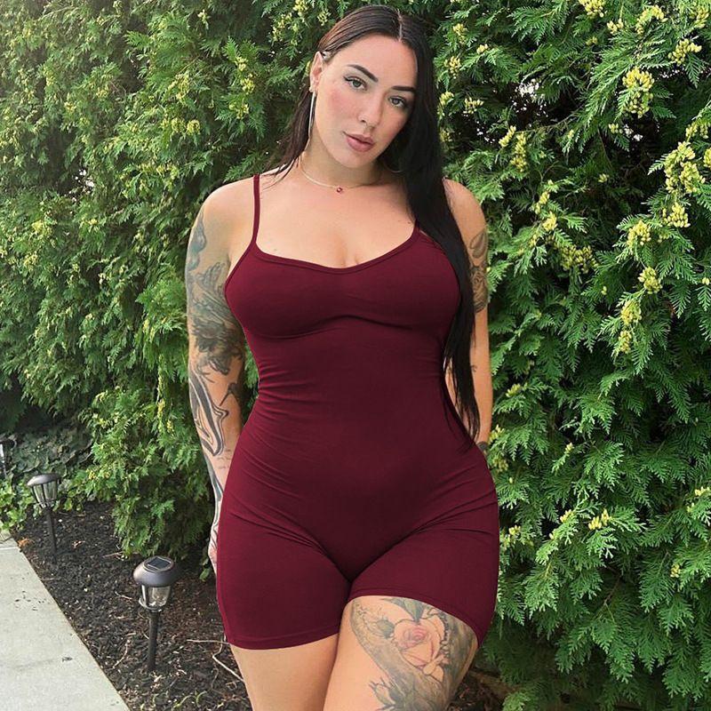 

European and American plus Size Women s Clothes 2025 Summer New Fashion Backless Pleated Hip Lifting Short Jumpsuit Women Burgundy 2XL