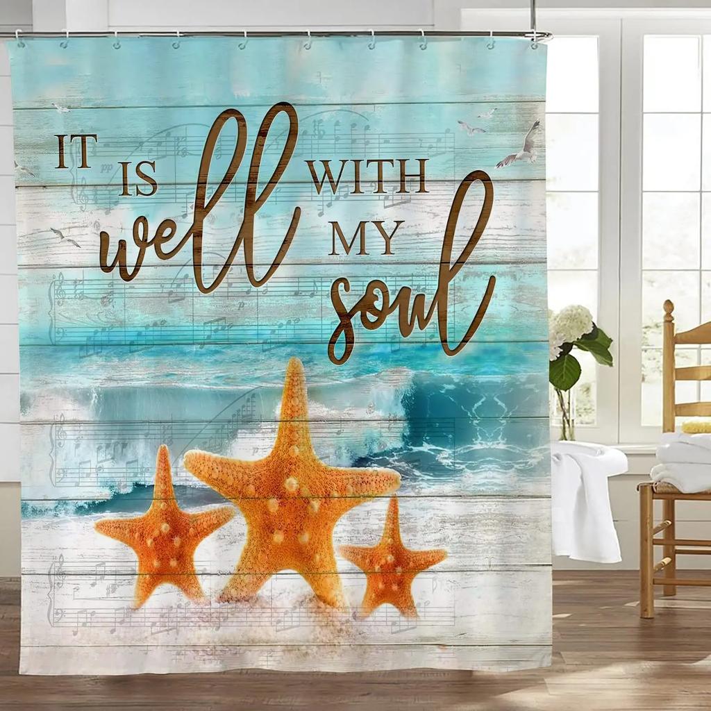 Starfish Beach Shower Curtains 3D Seashell Ocean Theme Waterproof Polyester Fabric Bathroom Decor with Hooks Bathtub Curtains