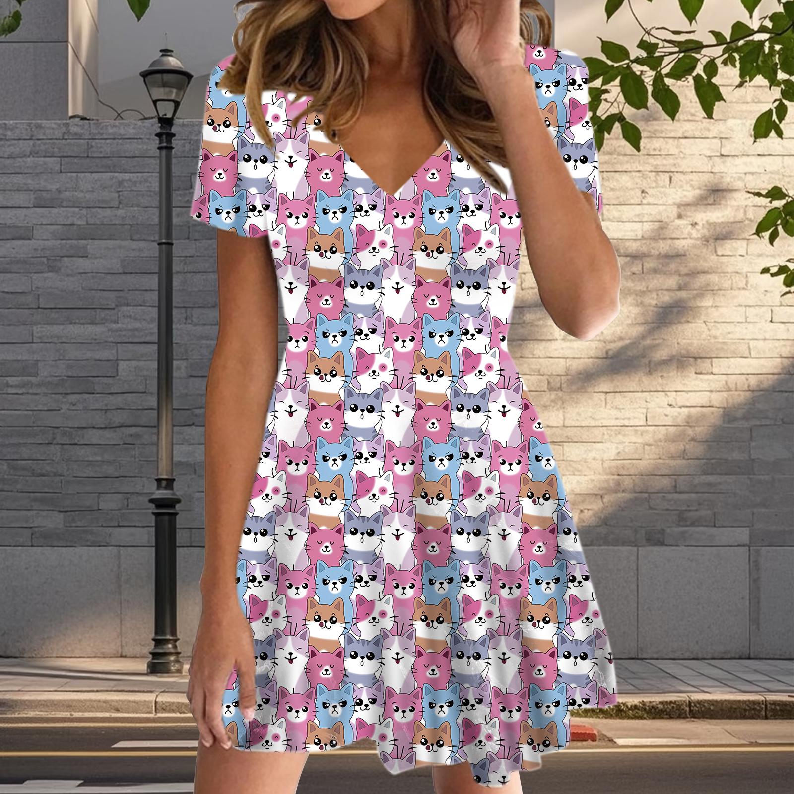 

Летняя мода женские V-образный вырез короткий рукав кошачий узор печатных платьев сексуальные короткие юбки платья 7XL розовый